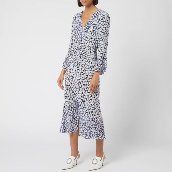 100% SILK Lux RIXO Blue (periwinkle) and White Camo Tulip Dress Coleen M - Picture 1 of 7